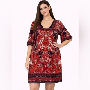 Avenue Womens Paisley Print Knee Length Dress Red Blue‎ Size 18